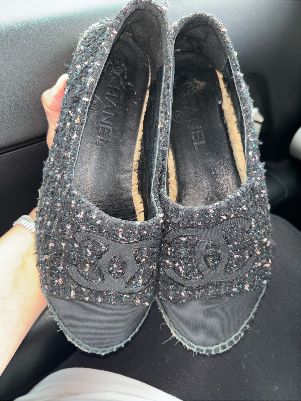 CHANEL Black Tweed Flats with Multicolor Sparkle
